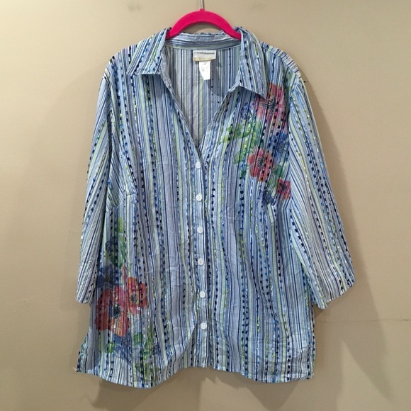 Alfred Dunner Women's Plus 1X Button Front Blouse Blue White  Floral Fringe - Picture 1 of 4